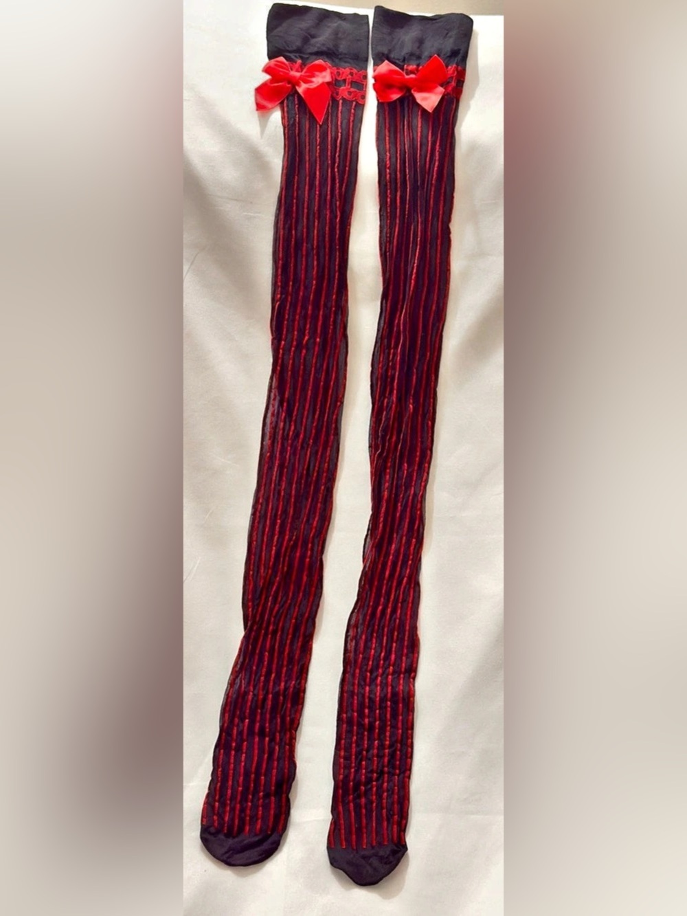 NWOT Black/Red Striped Over The Knee Stockings Satin Bow Accent 32โ, Likely Leg